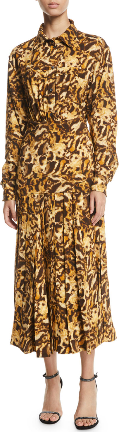 Victoria Beckham Long-Sleeve Button-Front Pleated-Skirt Leopard-Print Midi Dress
