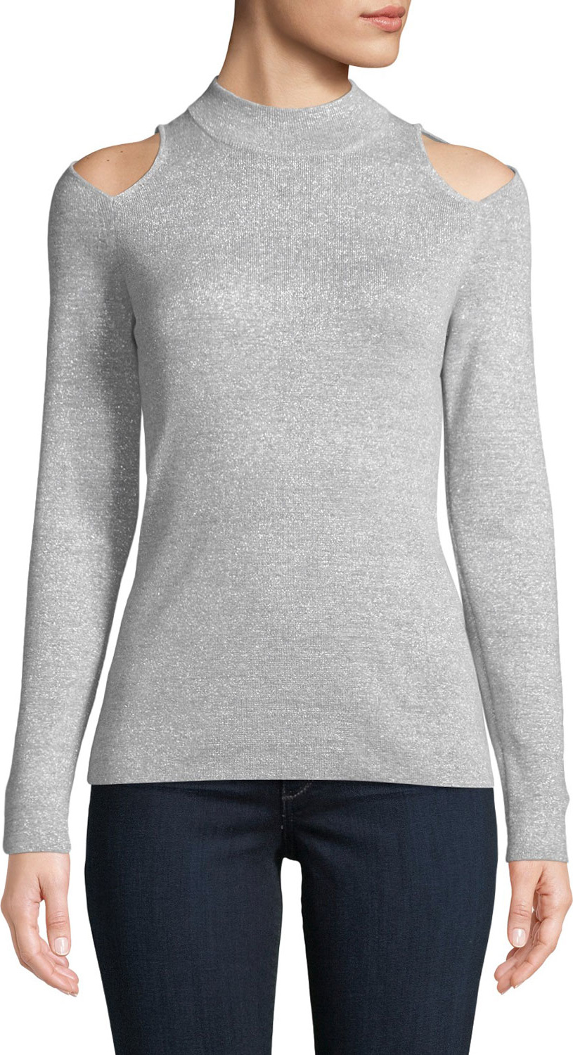 MICHAEL MICHAEL KORS Mock-Neck Cutout-Shoulder Long-Sleeve Metallic-Knit Sweater