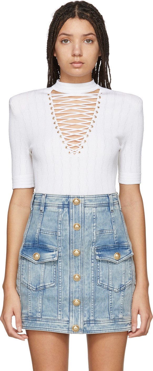 Balmain White Lace-Up Sweater