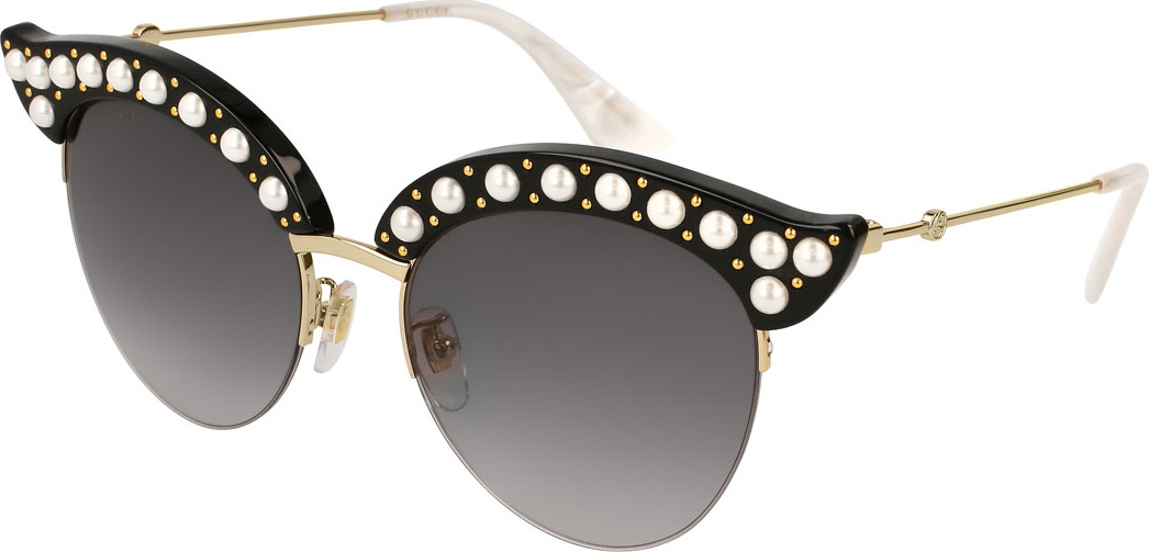 Gucci Semi-Rimless Cat-Eye Sunglasses w/ Pearlescent Bead Trim, Black Pattern
