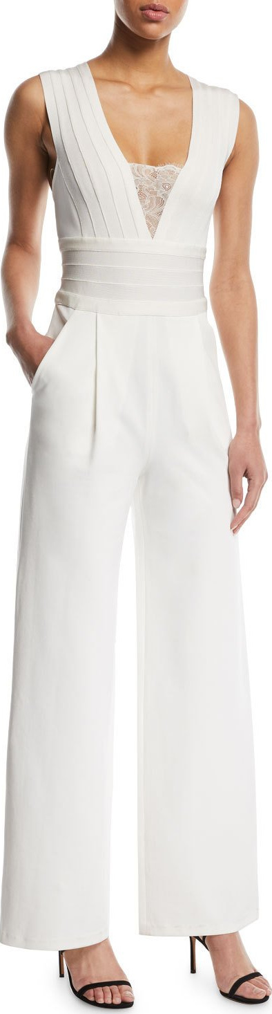 Herve Leger Sleeveless Deep-V Lace-Inset Wide-Leg Jumpsuit