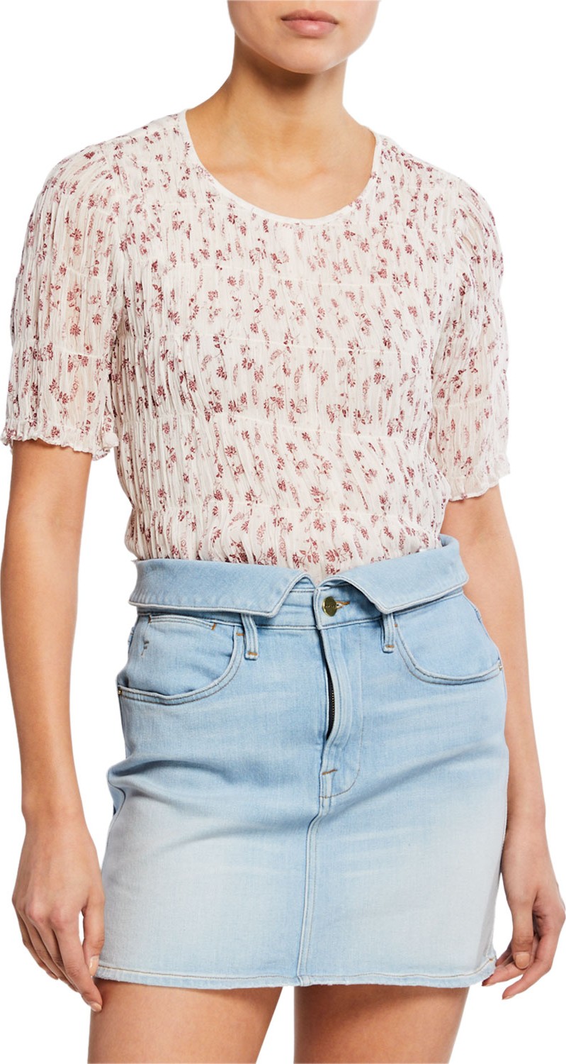 FRAME DENIM Floral-Print Smocked Short-Sleeve Top