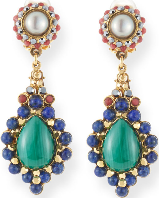 Jose & Maria Barrera Pearl, Lapis & Malachite Teardrop Earrings