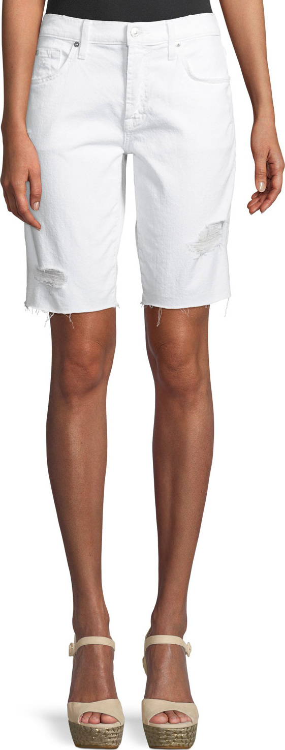 7 For All Mankind High-Waist Raw-Edge Distressed Denim Bermuda Shorts