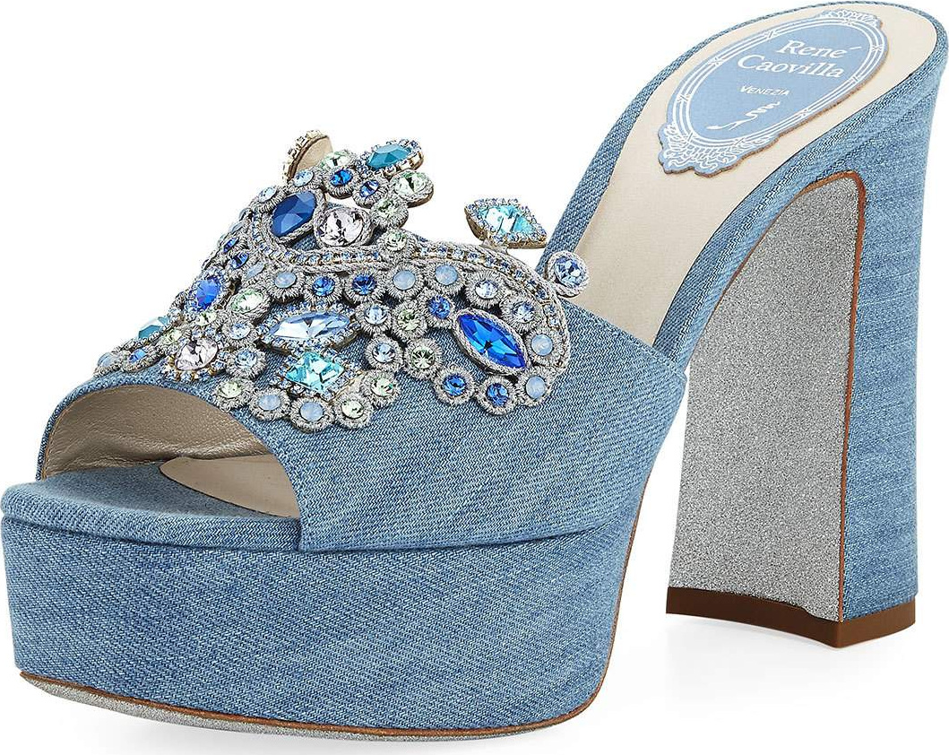 Rene Caovilla Denim Embellished Platform Slide Sandal
