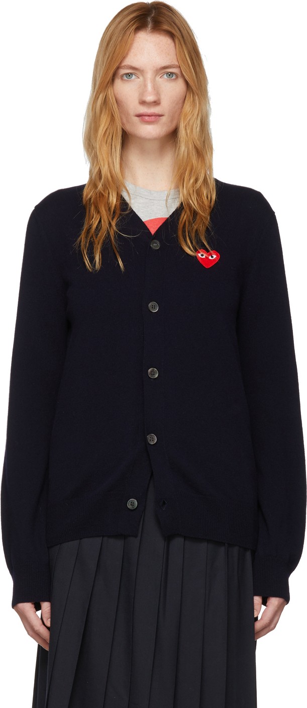 Comme Des Garcons PLAY Navy Wool Men's Fit Heart Patch V-Neck Cardigan