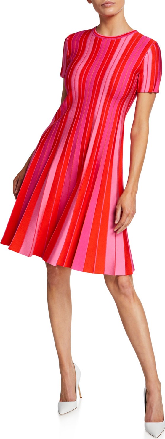 Carolina Herrera Short-Sleeve Striped Knit Pleated Dress
