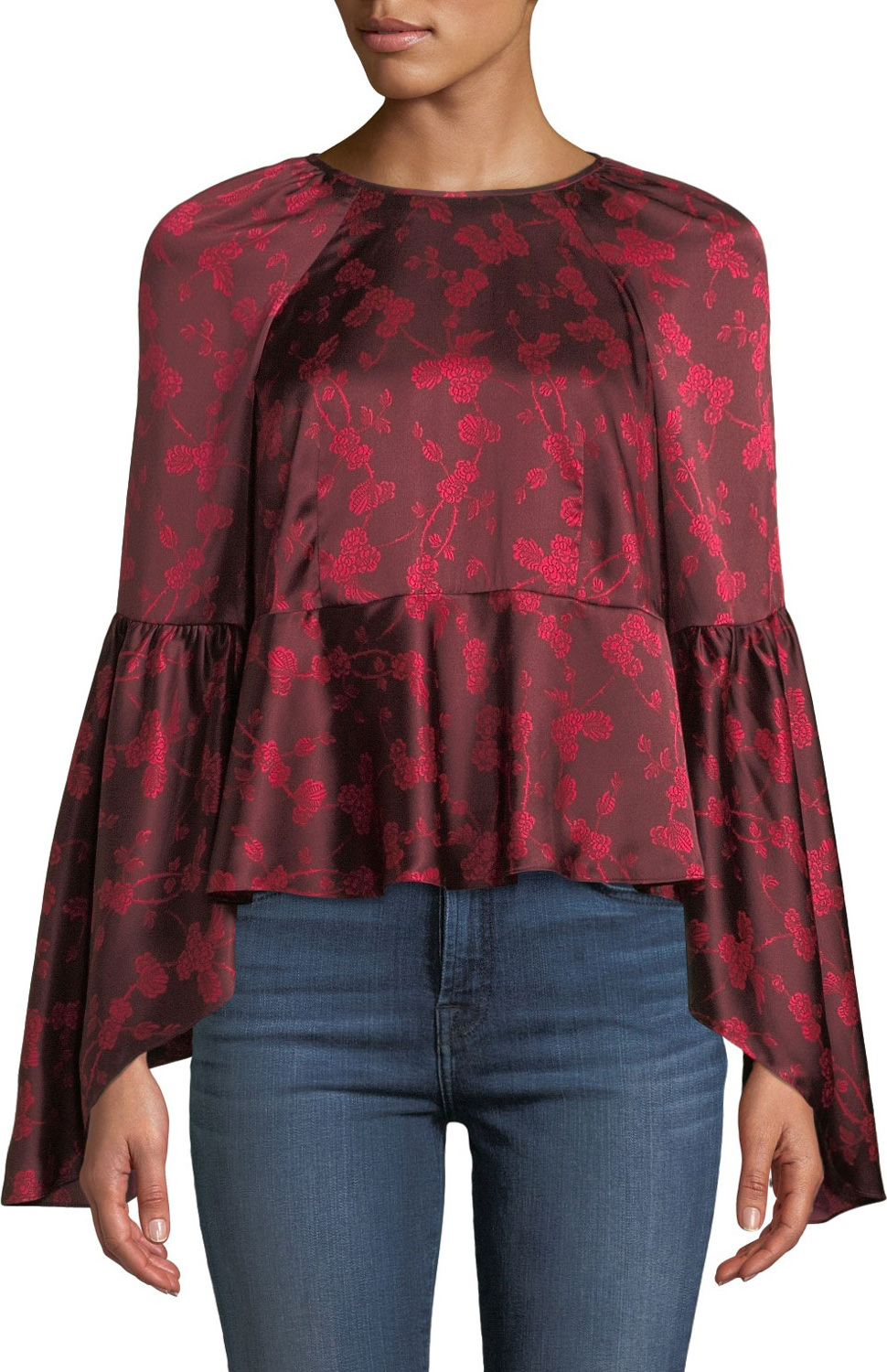 Cinq A Sept Floral Silk Bell-Sleeve Flounce Top