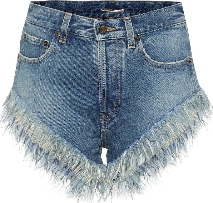 Saint Laurent Feather-trimmed denim shorts