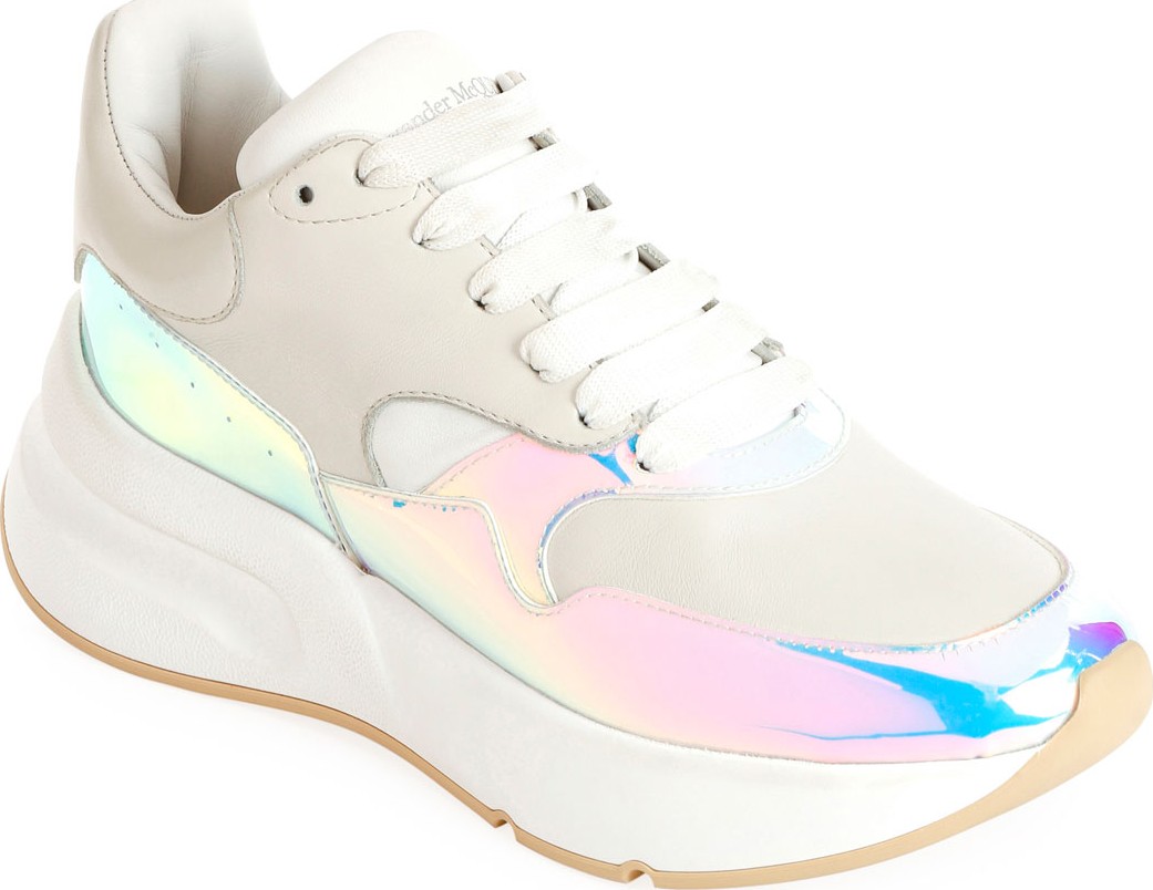 Alexander McQueen Leather and Holographic Lace-Up Platform Sneakers