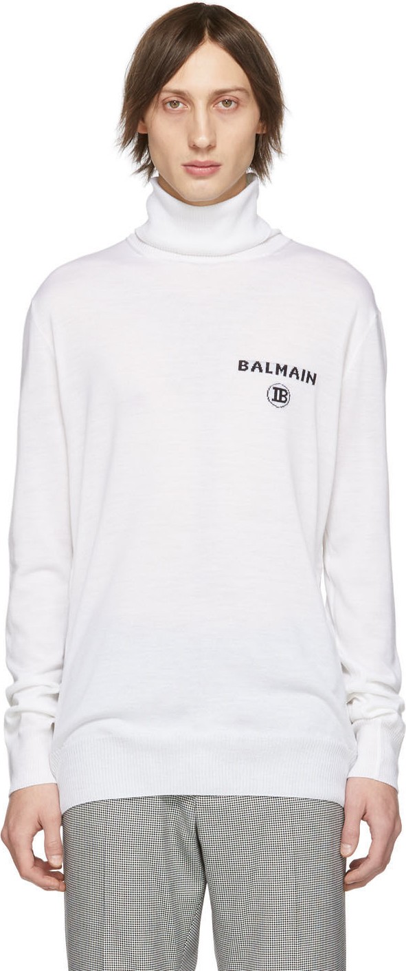 Balmain White Wool Zipped Turtleneck