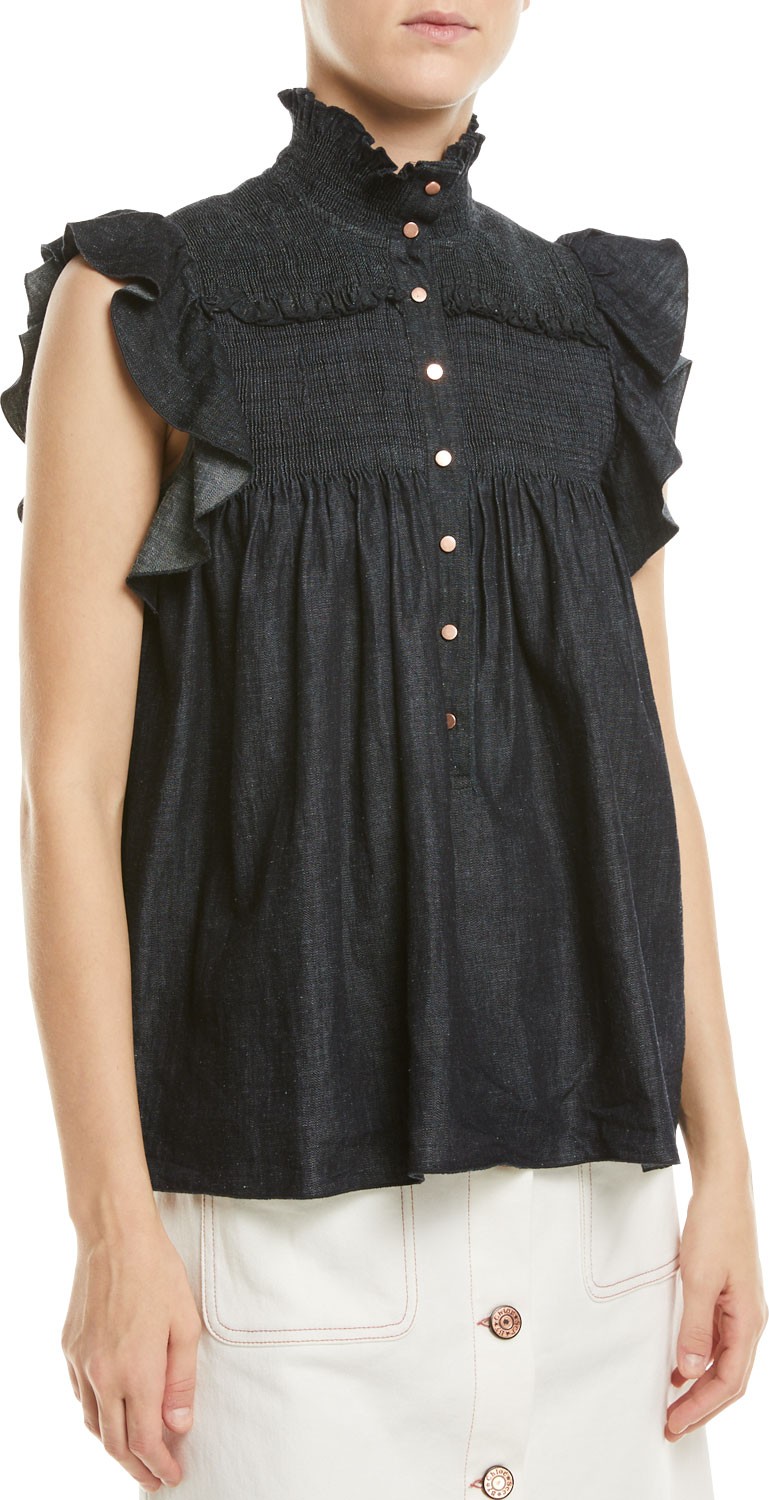 See By Chloé Smocked Chambray Flutter-Sleeve Blouse