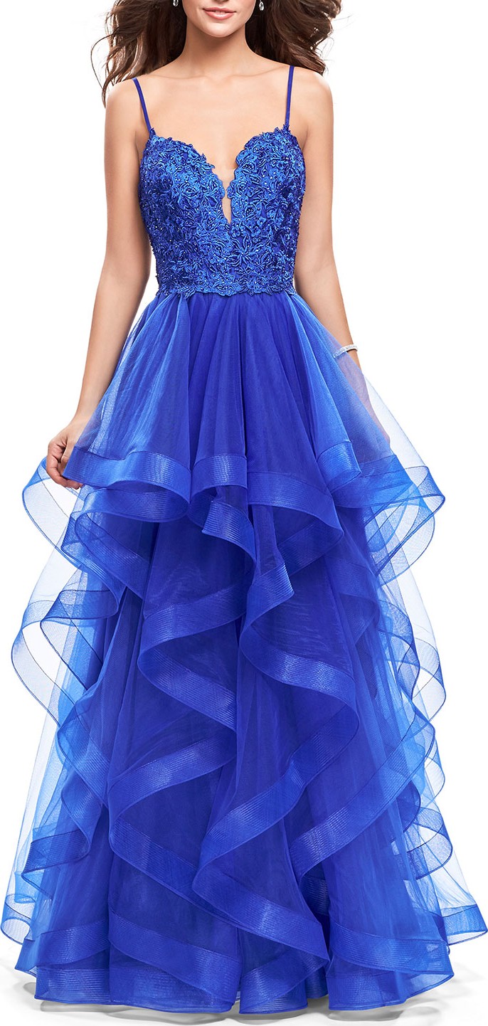 La Femme Sweetheart A-Line Gown w/ Embellished Lace Bodice & Tiered Tulle Skirt