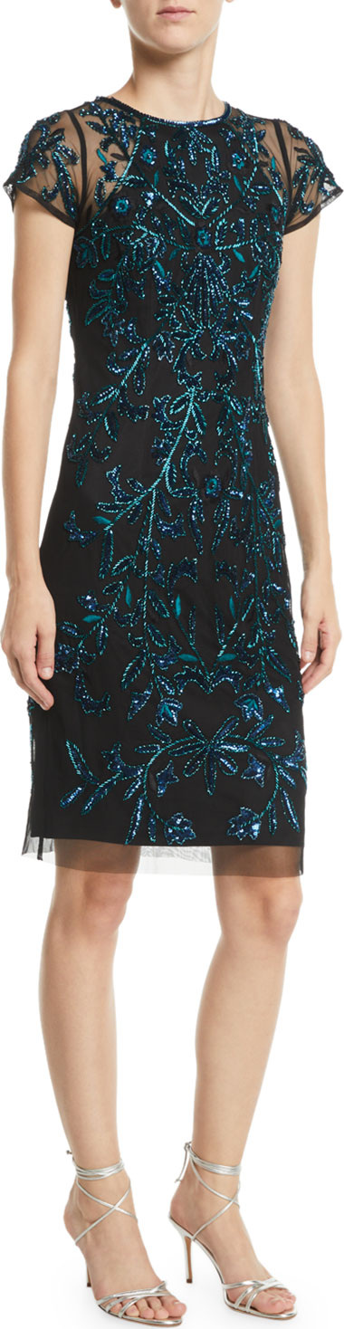 Aidan Mattox Cap-Sleeve Beaded Body-Con Dress