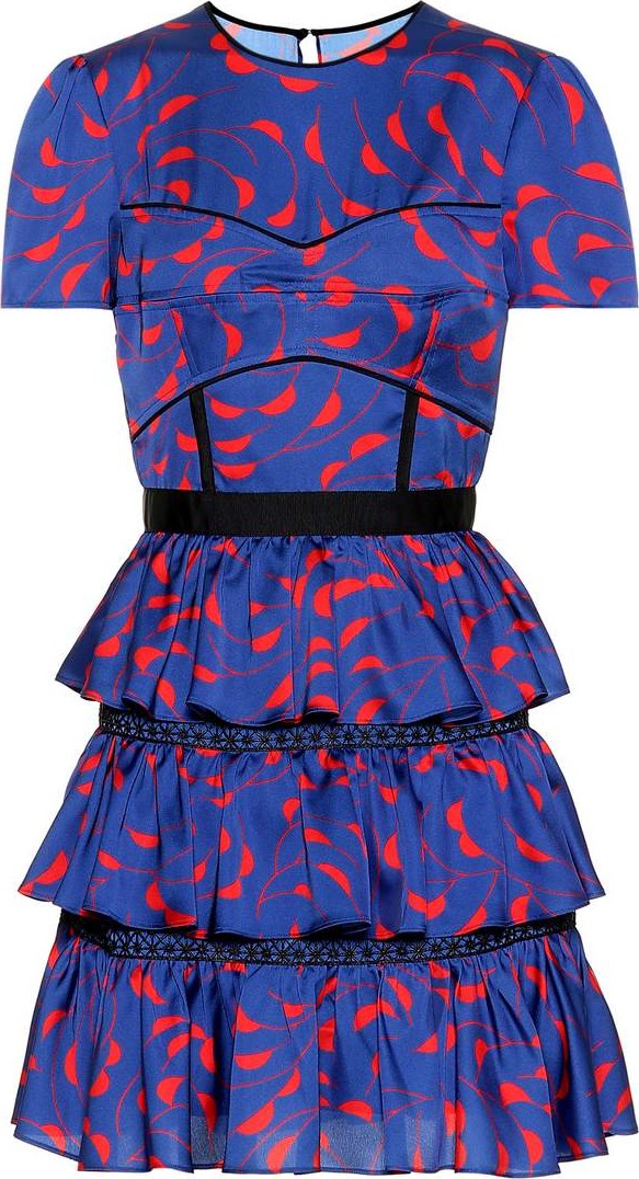 Self Portrait Printed satin tiered minidress