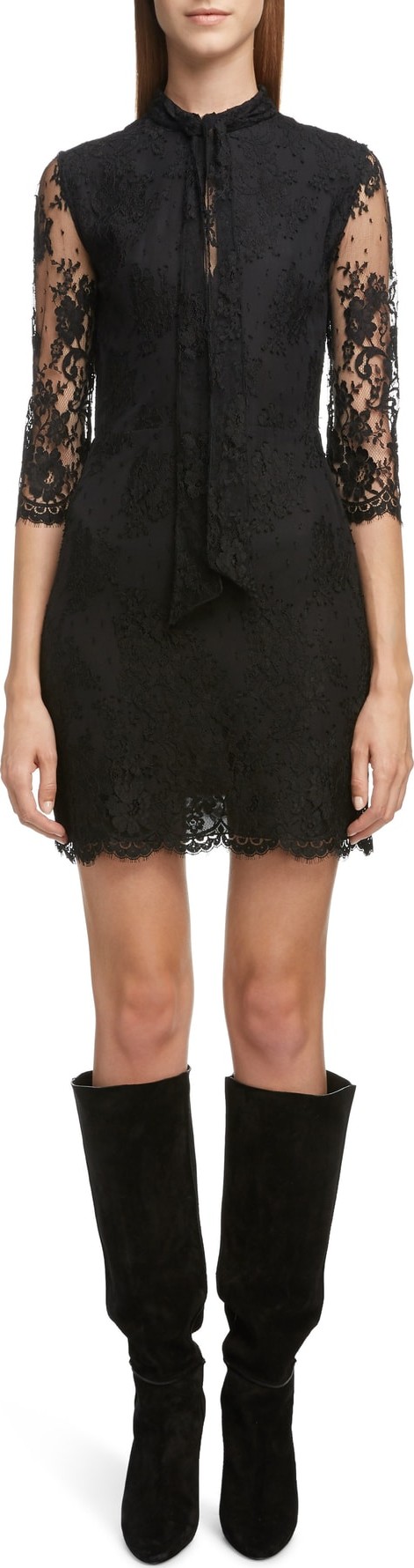 Saint Laurent Tie Neck Scallop Lace Sheath Dress