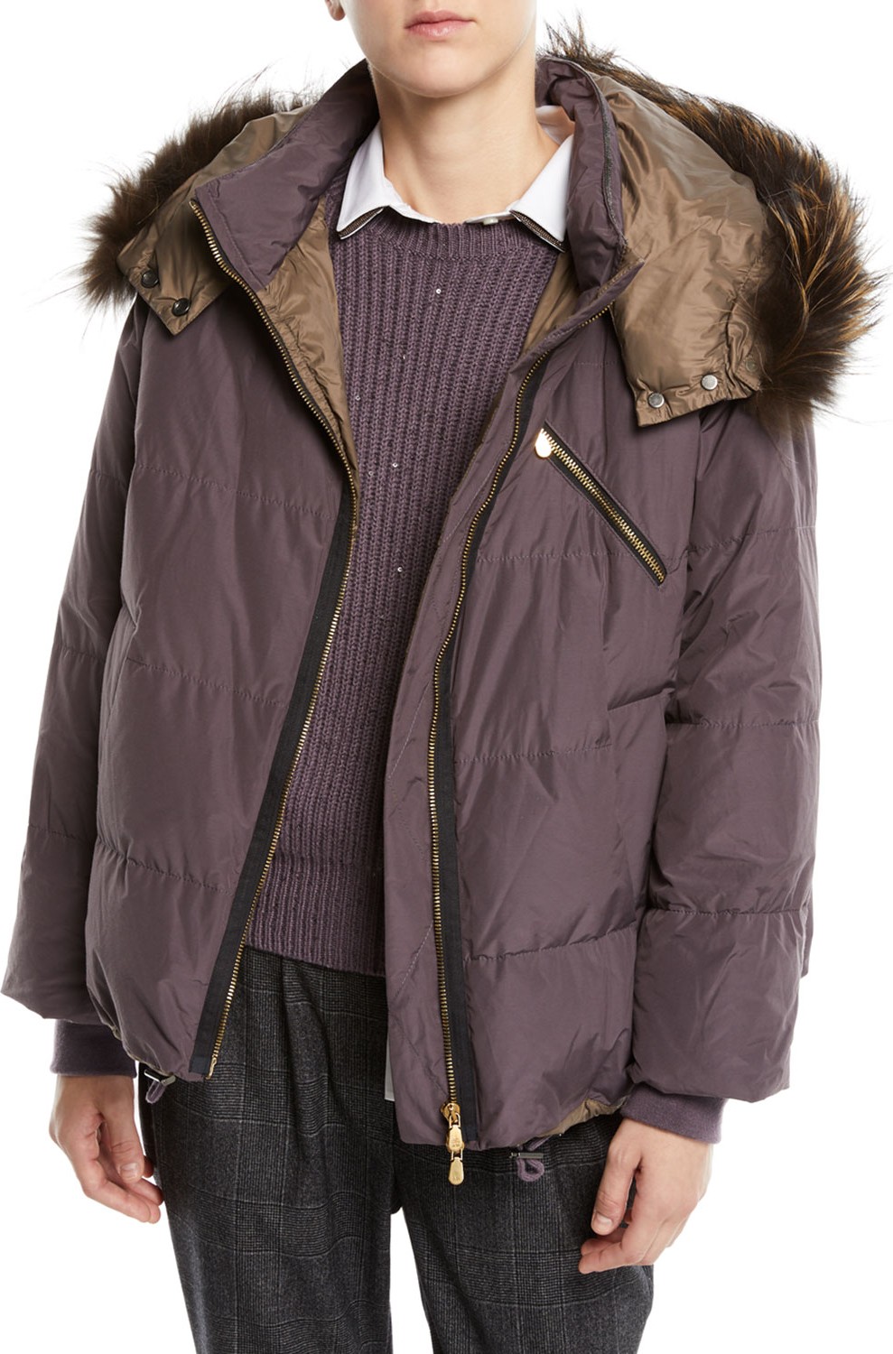 Brunello Cucinelli Removable-Fur-Collar Down Puffer Jacket w/ Monili Trim