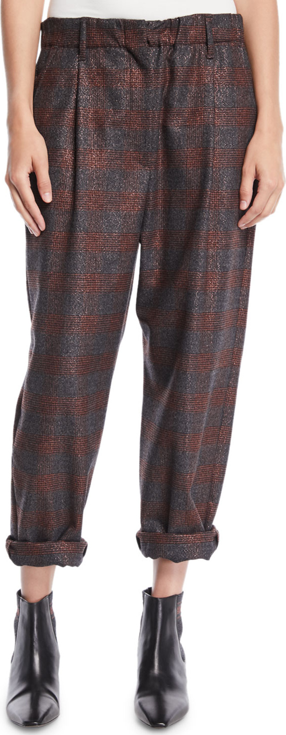 Brunello Cucinelli Metallic-Plaid Pull-On Pants