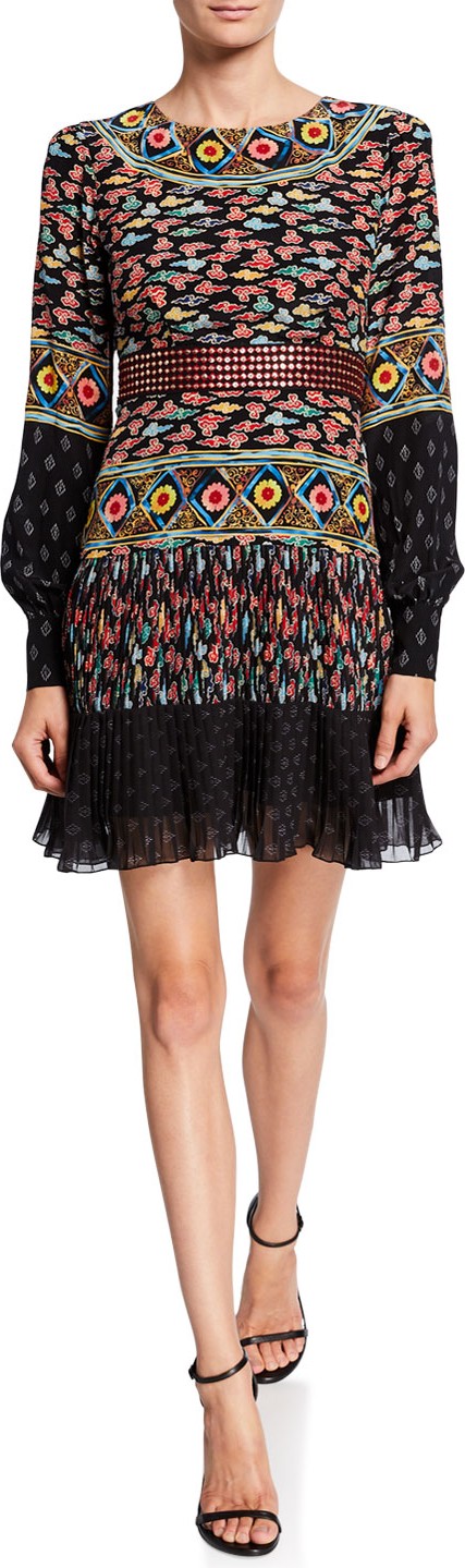 Saloni Vera Mixed-Print Flounce Midi Dress