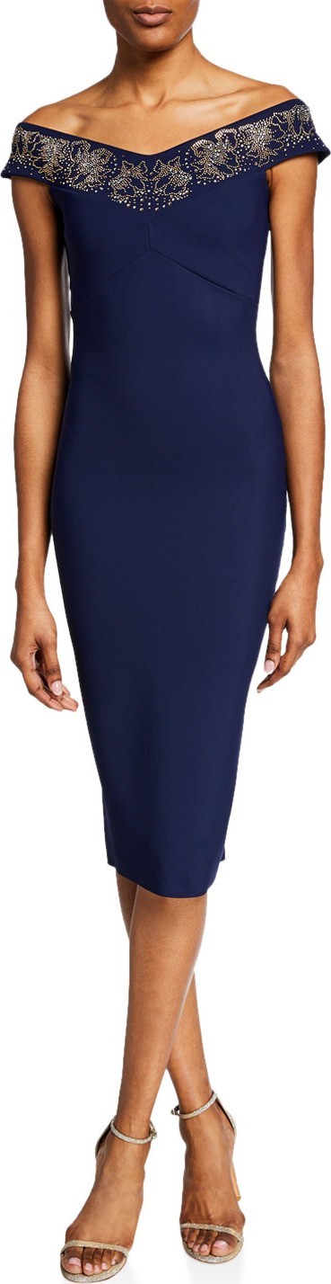La Petite Robe di Chiara Boni Elgin Beaded Off-the-Shoulder Cap-Sleeve Sheath Dress La Petite Robe di Chiara Boni Elgin Beaded Off-the-Shoulder Cap-Sleeve Sheath Dress