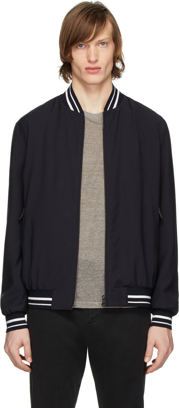 Z Zegna Navy Tech Stripes Bomber Jacket