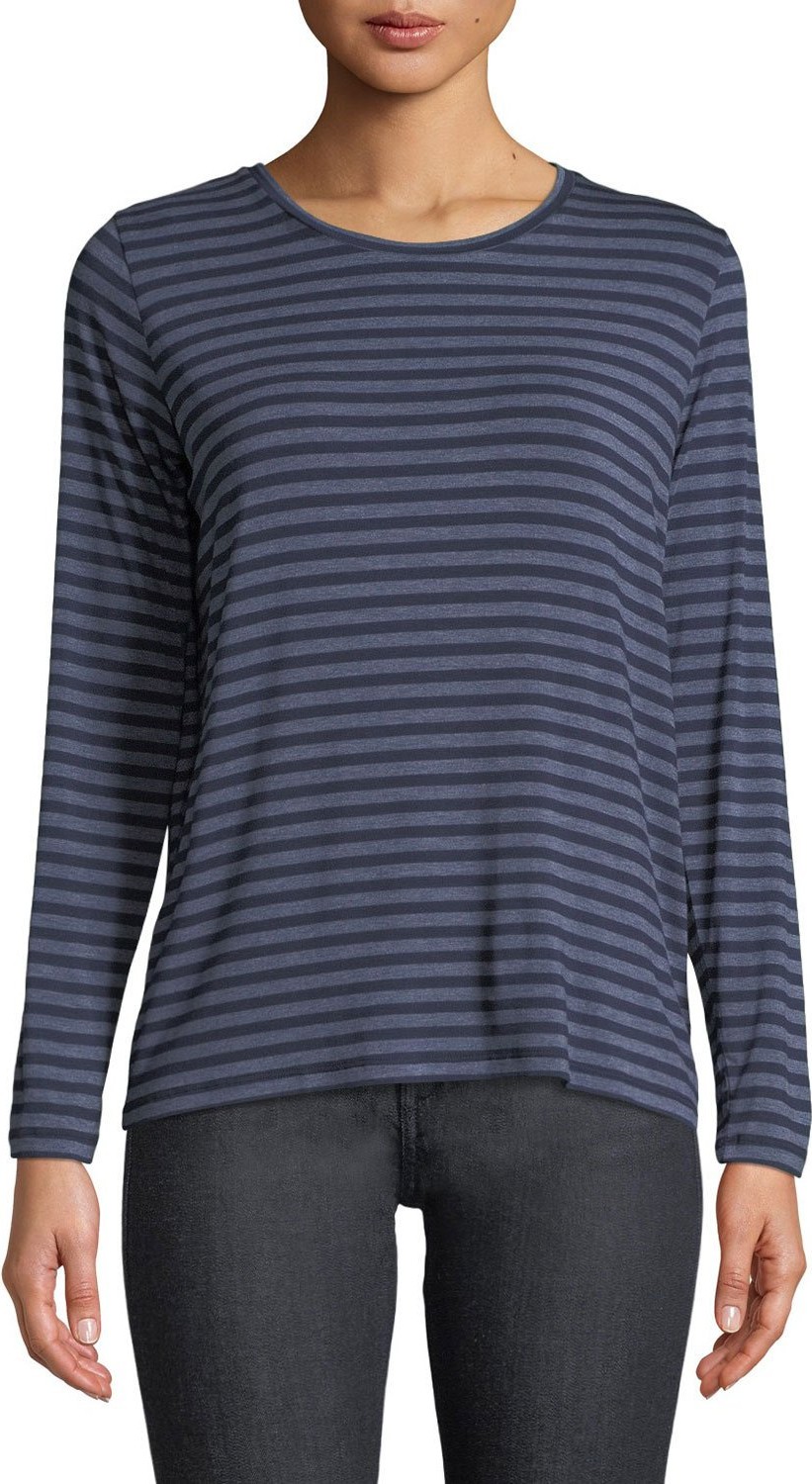 Majestic Striped Crewneck Long-Sleeve Tee with Inverted Pleat