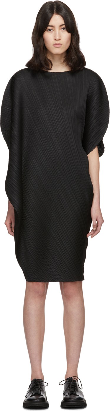 Pleats Please By Issey Miyake Black Curved Pleats Dress