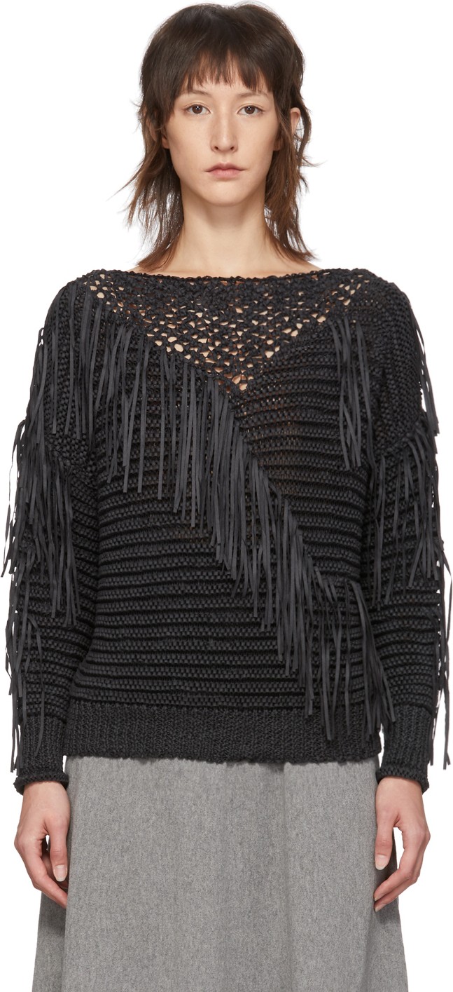 Stella McCartney Black Knit Fringe Crewneck Sweater