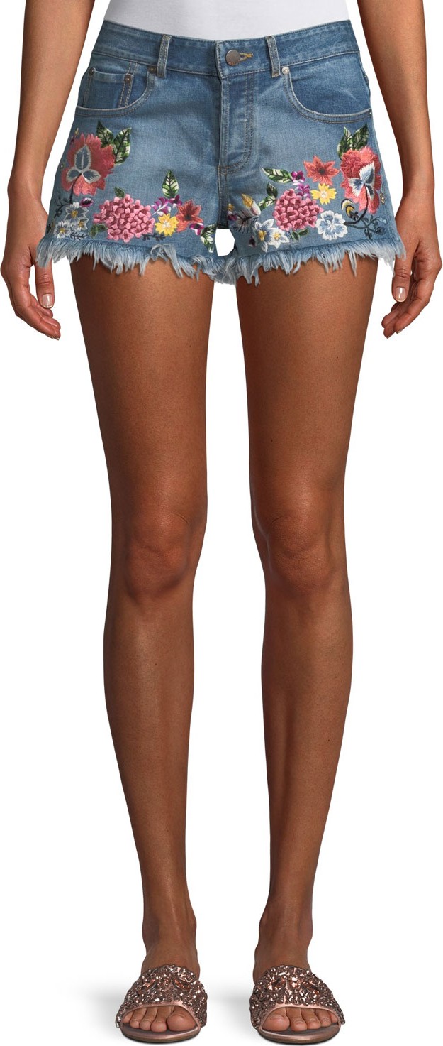 AO.LA by alice + olivia Floral-Embroidered Vintage-Inspired Denim Shorts