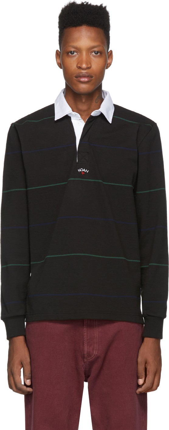 Noah NYC Black Alternate Stripes Rugby Polo