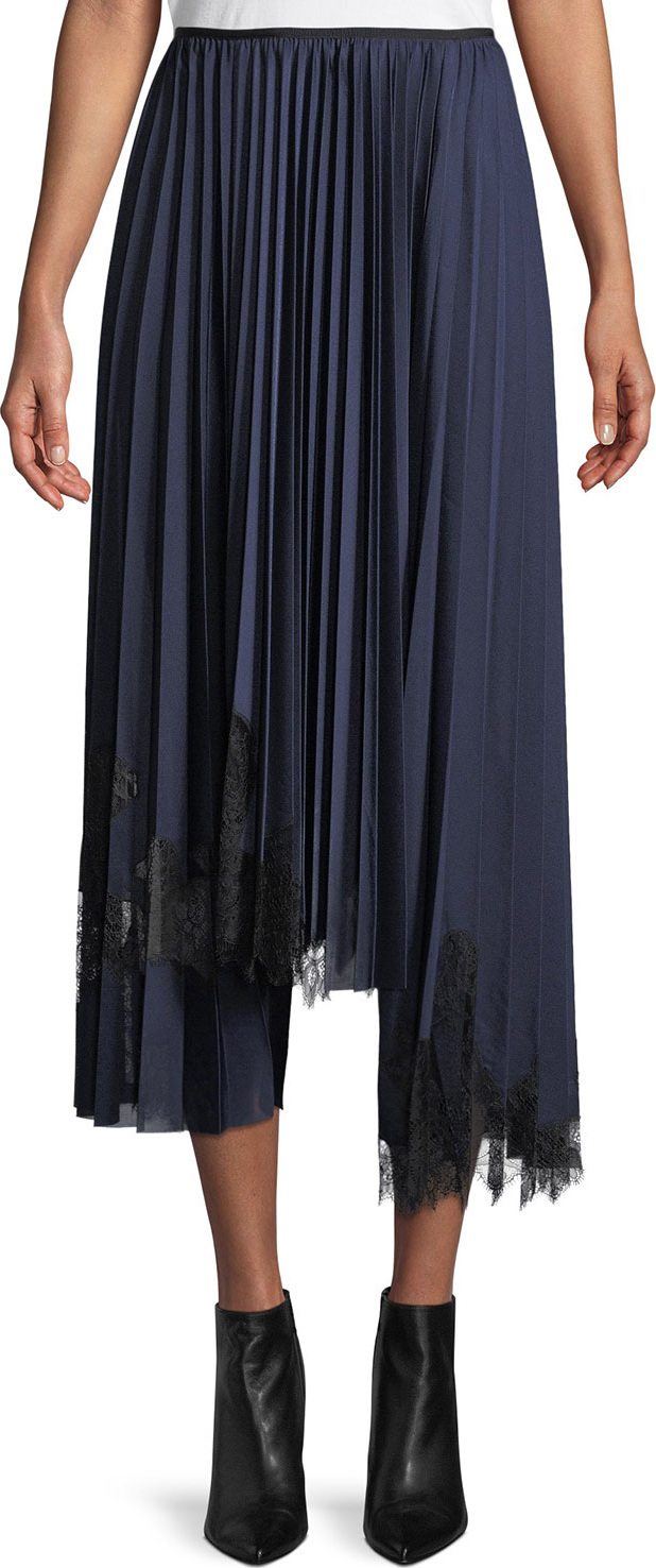 Helmut Lang Pleated Tricot Lace-Detail Midi Skirt