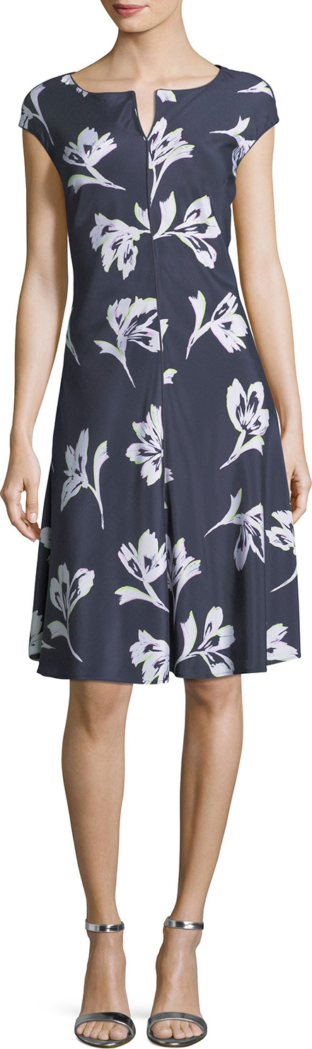 St. John Falling Flower Short-Sleeve Silk Dress