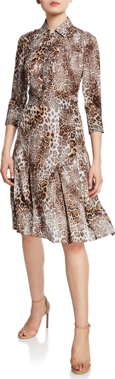 Elie Tahari Brinx Leopard-Print Button-Front 3/4-Sleeve Shirtdress