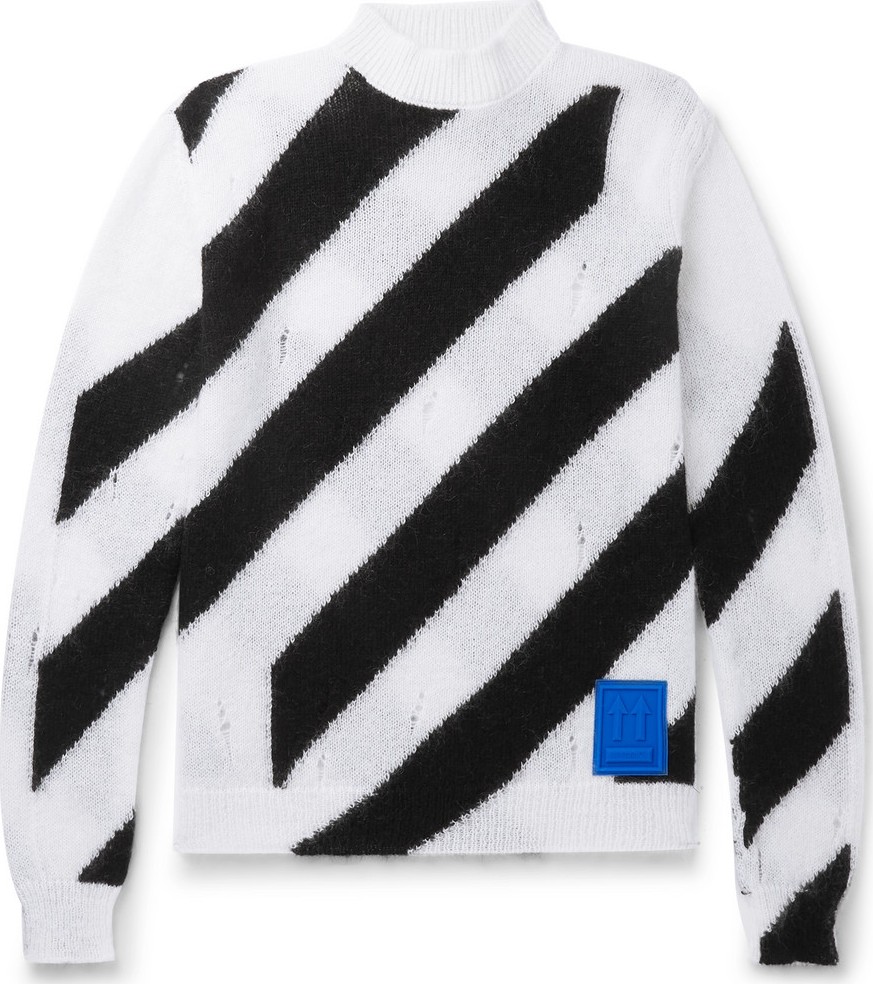 Off White Logo-Appliquéd Distressed Striped Mohair-Blend Sweater