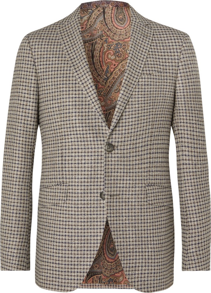 Etro Mushroom Slim-Fit Checked Wool-Blend Blazer