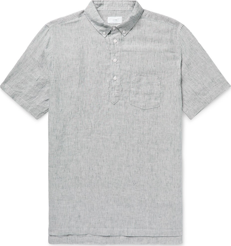 Onia Josh Button-Down Collar Striped Slub Linen Half-Placket Shirt