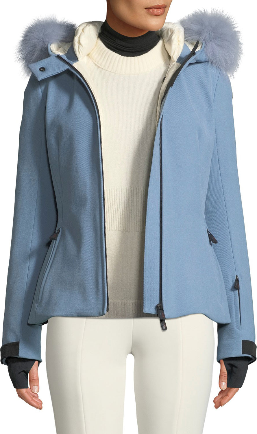 Moncler Bauges Belted Jacket w/ Removable Fur Trim