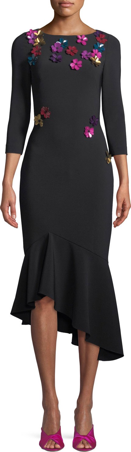 Theia 3/4-Sleeve Crepe Cocktail Dress w/ Metallic Sequin Flowers