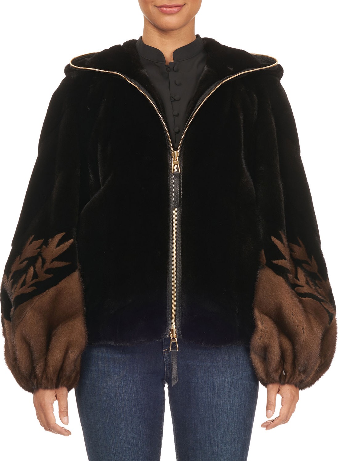 Tsoukas Two-Tone Intarsia Balloon-Sleeve Fur Jacket