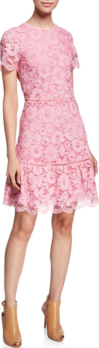 MICHAEL MICHAEL KORS Floral-Lace Crewneck Short-Sleeve Fit-and-Flare Dress