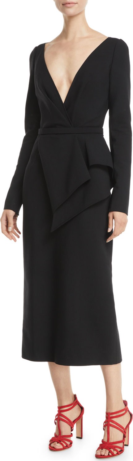 Oscar De La Renta Deep-V Long-Sleeve Peplum-Waist Stretch-Wool Midi Dress