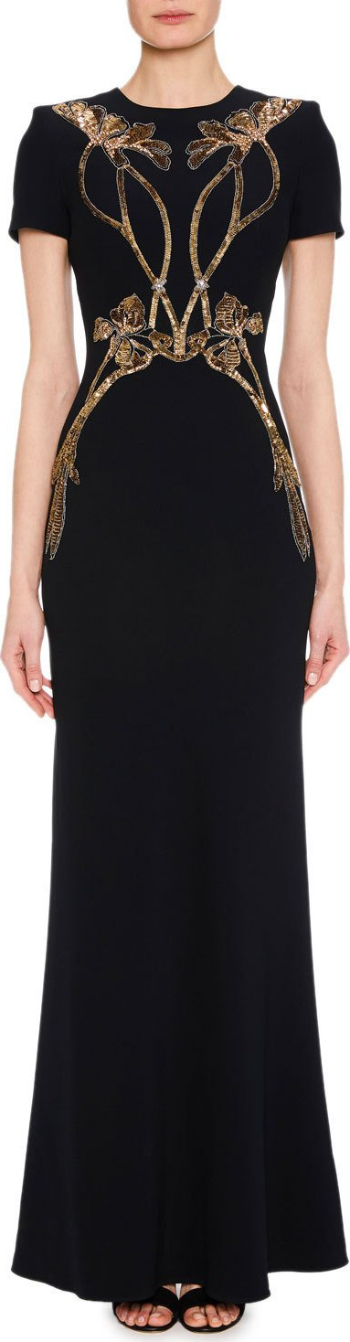 Alexander McQueen Short-Sleeve A-Line Evening Gown with Sequin Orchid Embroidery