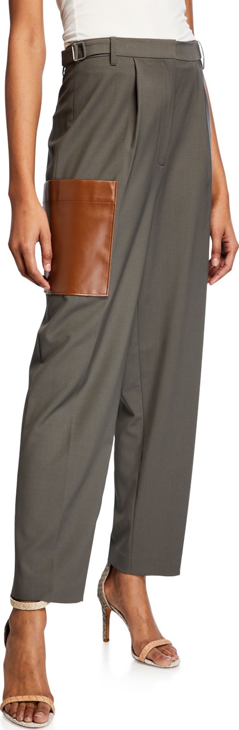 Tibi Tablier Plainweave Straight-Leg Pants w/ Leather Pocket