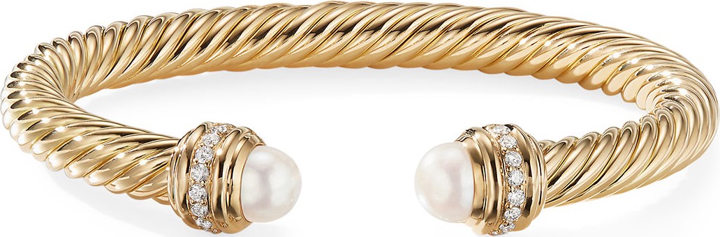 David Yurman 18k Gold Cable Bracelet w/ Diamonds & Pearls, 7mm, Size S