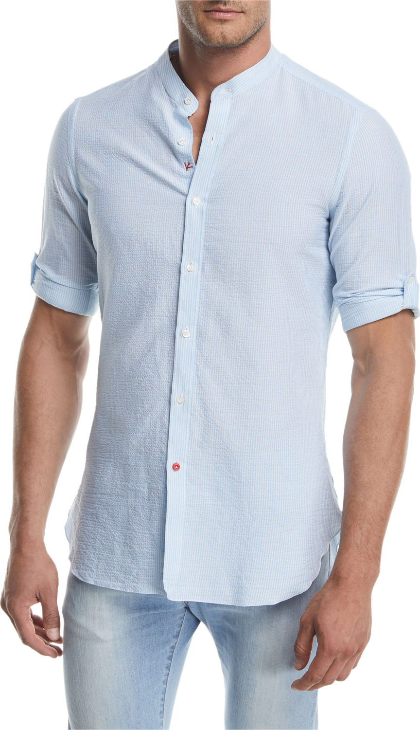 Isaia Mandarin-Collar Striped Seersucker Shirt