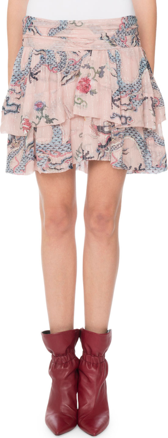 Isabel Marant Striped-Metallic Dragon-Print Tiered Mini Skirt
