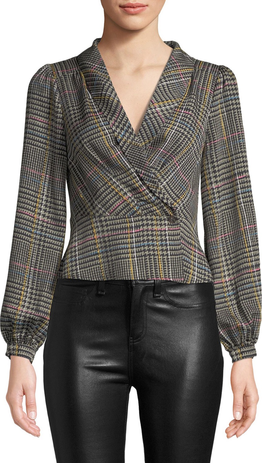 ASTR Renee Plaid Long-Sleeve Cropped Blouse