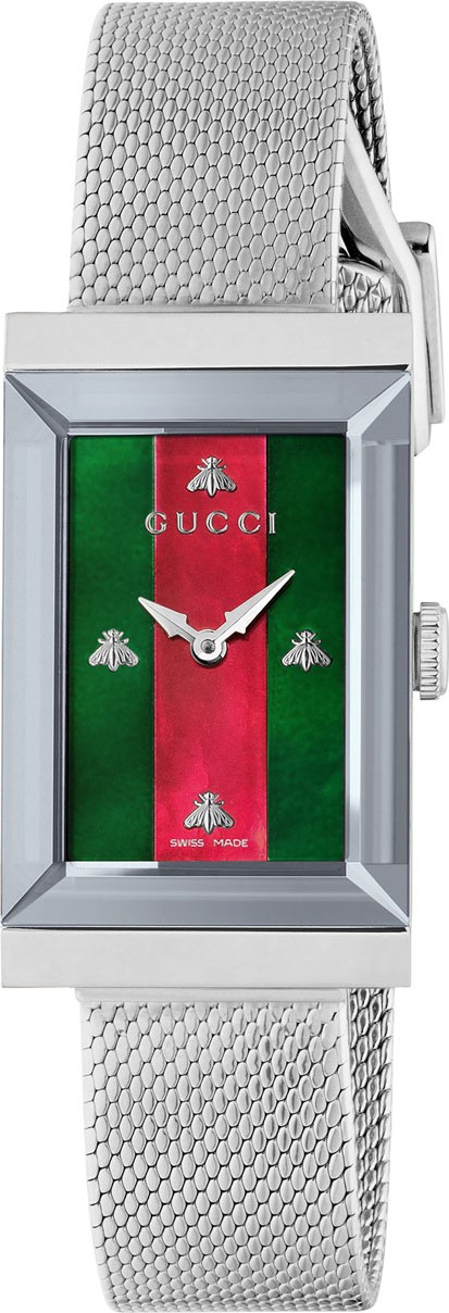 Gucci G-Frame Rectangular Mother-of-Pearl Watch w/ Mesh Strap