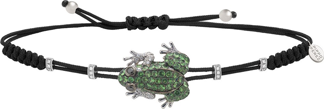 Pippo Perez Pull-Cord Bracelet with Green Garnet Frog & Diamond Rondelles