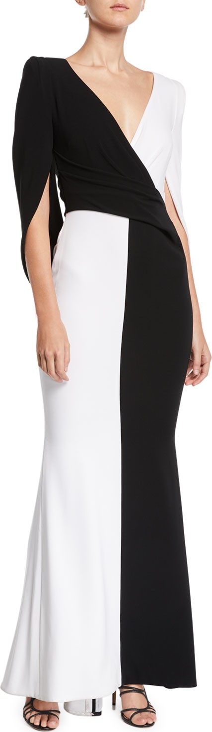 Talbot Runhof V-Neck Cape-Back Trumpet Colorblocked Evening Gown